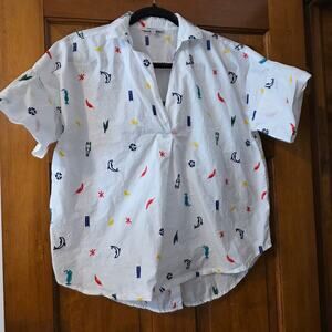 Madewell Summer Friday Embroidered Courier Button Open Back Shirt White Sz XXS